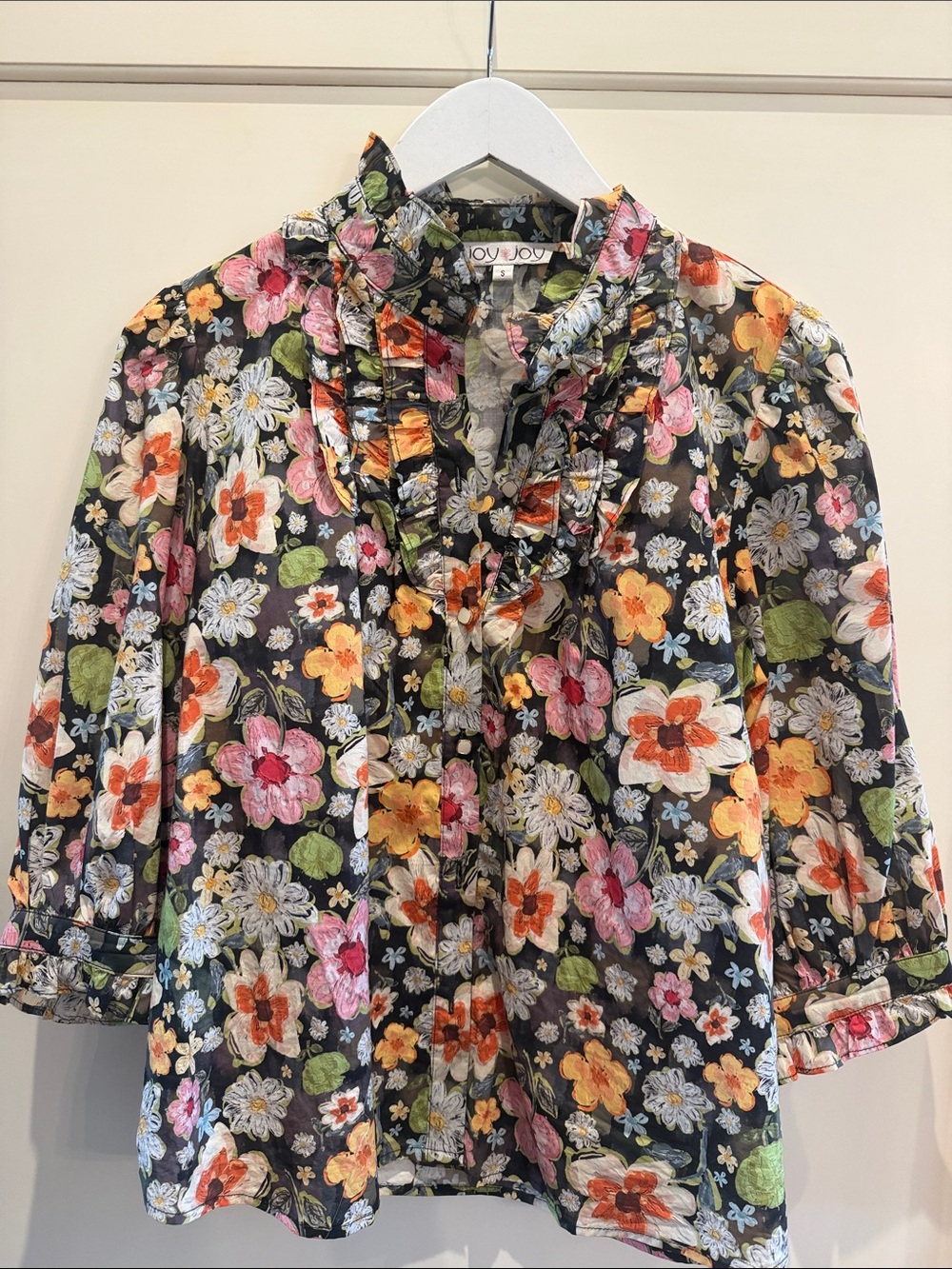Joy Joy Black Floral Ruffle V-Neck Blouse with Multicolor Blooms